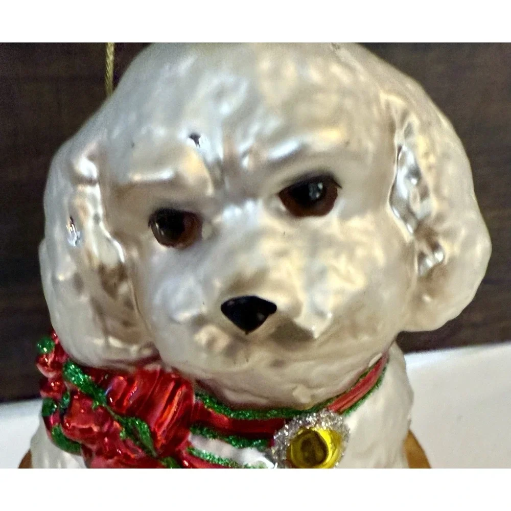 AMC Blown Glass Ornament Maltese Bichon Cockapoo White Puppy w Ribbon Basket IOB